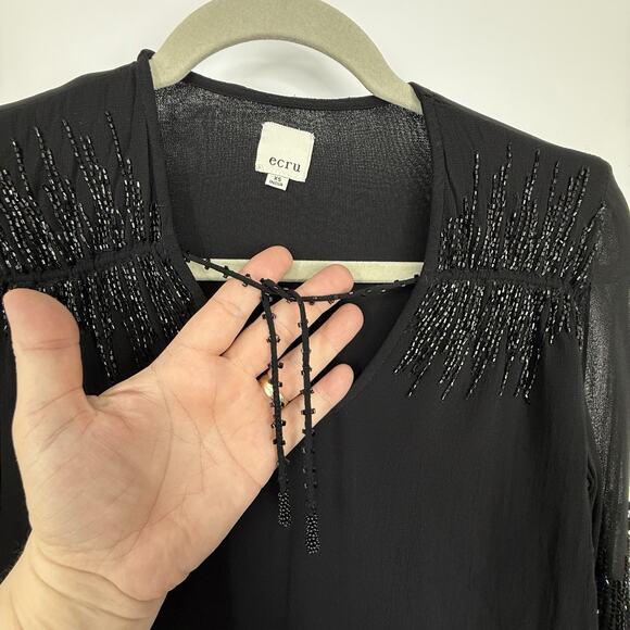 ecru Beaded Chiffon Top Women size XS Black Long sleeve Pullover - Picture 3 of 10